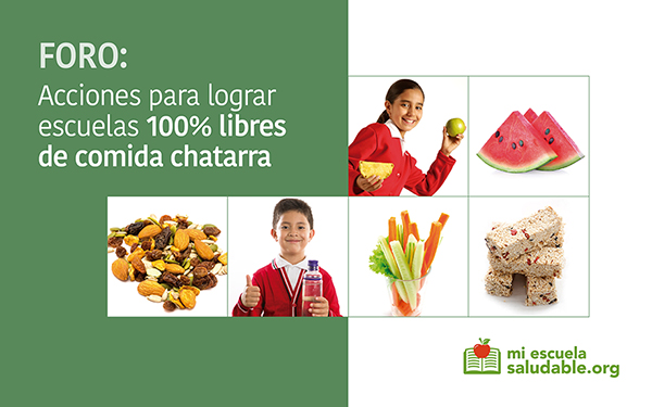 Ilustración con la leyenda Foro: acciones para lograr escuelas 100% libres de comida chatarra, miescuelasaludable.org