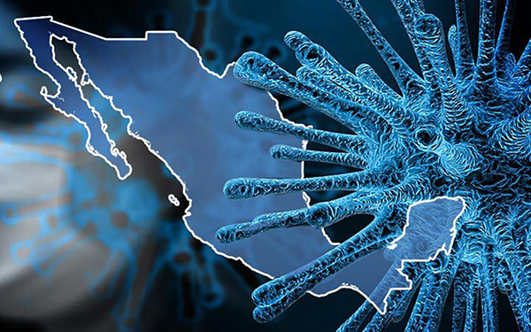 Imagen del mapa de México junto a una ilustración del Covid-19 o coronavirus
