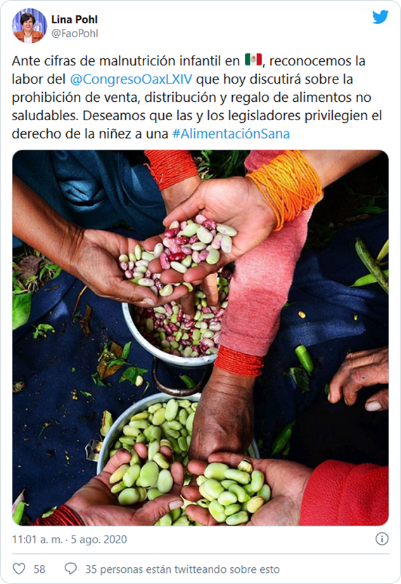 Tuit de Lina Pohl, representante de la FAO en México, reconociendo la labor Congreso de Oaxaca
