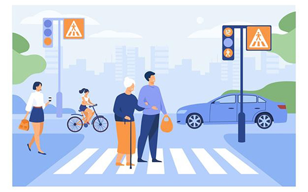 Ilustración sobre movilidad y seguridad vial con peatones, ciclista y auto en un cruce