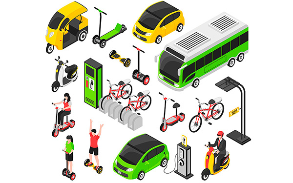 Ilustración con distintos ejemplos de movilidad eléctrica