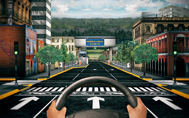 Ilustración de la vista subjeytiva hacia el camino de un conductor con las manos en el volante conduciendo un vehiculo