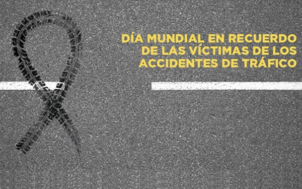 Imagen con ilustración alusiva al asfalto y la marca de neumáticos en forma de un listón de luto y la leyenda Día mundial en recuerdo de las víctimas de accidentes de tráfico