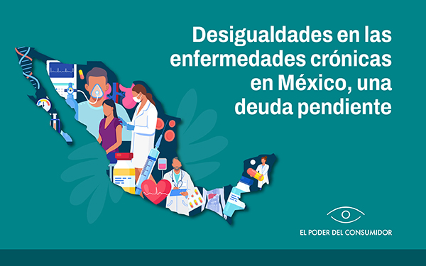 Banner con ilustraciones de enfermedades y atención médica dentro del mapa de México y la leyenda Desigualdades de las enfermedades crónicas en México, una deuda pendiente