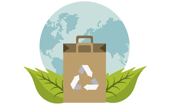 Ilustración en torno al consumo y cuidado del planeta con una imagen del planeta Tierra una bolsa de reciclaje y una hojas verdes