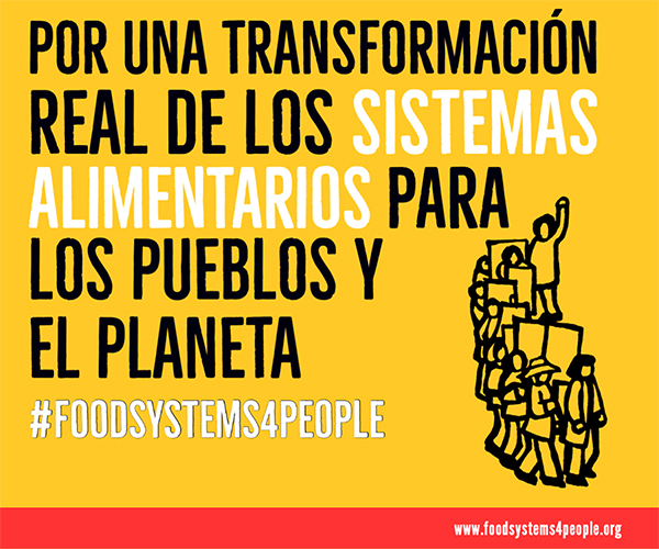 Banner con la leyenda: Por una transformación real de los sistemas alimentarios para los pueblos y el planeta