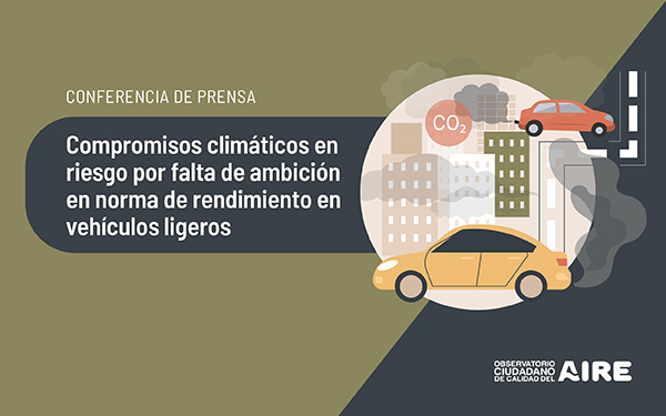 Banner con ilustración respectiva y la leyenda Compromisos climáticos en riesgo por falta de ambición en la norma de rendimiento de vehículos ligeros