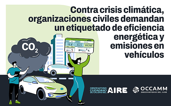 Banner con ilustración correspondiente y la leyenda Contra crisis climática, organizaciones civiles demandan un etiquetado de eficiencia energética y emisiones en autos