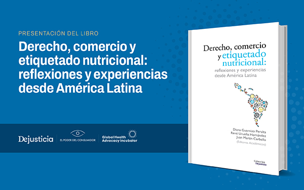 Banner con ilustración de la portada del libro: ‘Derecho, comercio y etiquetado nutricional: reflexiones y experiencias desde América Latina’